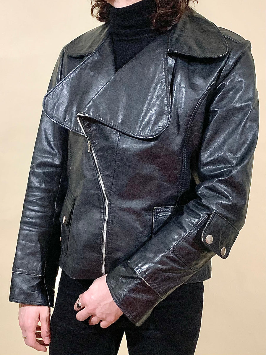 1970s vintage Mod leather biker jacket / huge collar / 60s