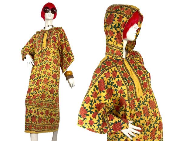 1960s early 70s Indian Cotton maxi dress / Hood / hippie kaftan / Marrakesh / Festival