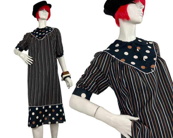 1970s vintage polka dot and stripe cotton smock dress / Hippie / Festival / pockets / Vuokko
