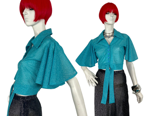 1970s vintage mint lurex crop Disco blouse flutter sleeve / glam rock / Party