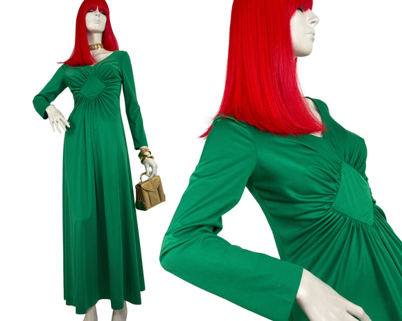 Horrockses 1960s vintage poison green Deco maxi dress / 70s Disco