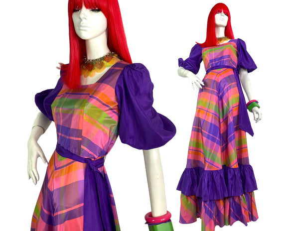 1970s vintage rainbow plaid maxi gown / 60s / Costume / stage wear / festival