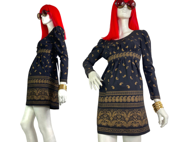 Miss Impact 1960s Indian Cotton mini dress / block printed & hand painted Hippie / Festival
