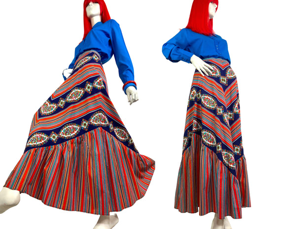 1970s vintage cotton maxi skirt chevron stripe & flowers / 60s / Groovy / hippie