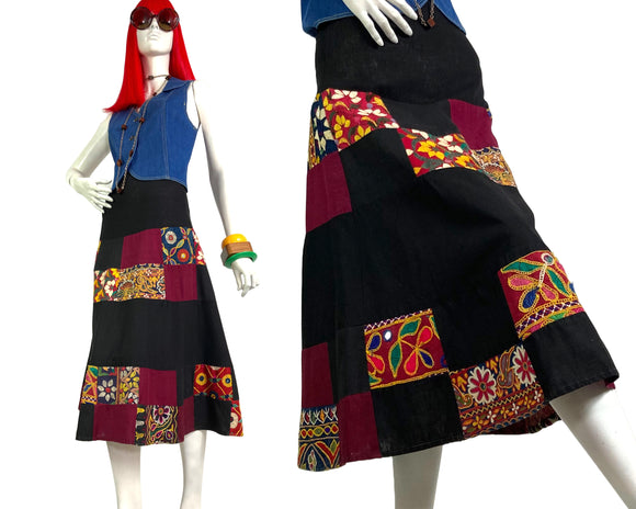 Mushroom of Perlei 1970s vintage cotton patchwork hippie skirt / Woodstock / RARE