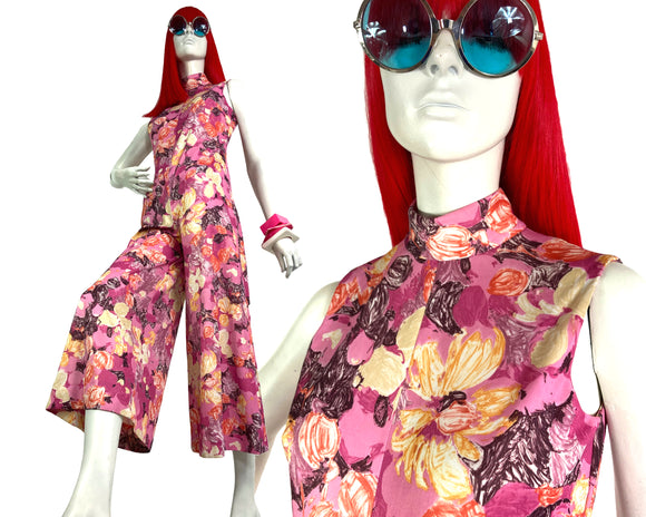 1970s vintage pink flower power jumpsuit / pant suit / Hippie / Mod / Festival / summer