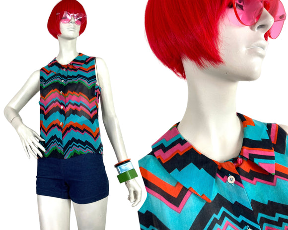 1960s vintage Mod Go Go zig zag print blouse / Op Art / colour block / summer