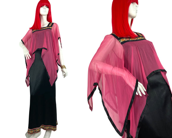 Reserved>>> RUMAK & SAMPLE London 70s vintage satin / chiffon gown / RARE / Collectors piece