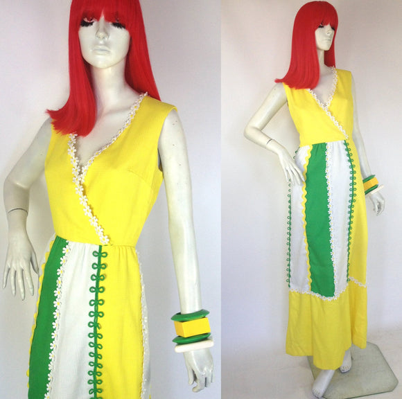 Vintage 1960s MOD bold maxi dress by Howard Wolf / 70s colour block / daisies