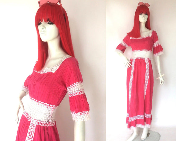 Vintage 1960s Mexicana psych cotton & crochet maxi dress / Festival / 70s Boho