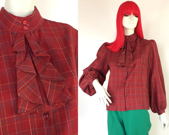 BURBERRY Vintage 1960s plaid wool ruffle blouse / 70s tartan / RARE Sample