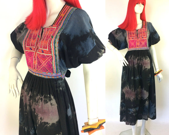 1960s Vintage hippie KUCHI cotton kaftan maxi dress / Bleached Tie Dye / Lux hippie