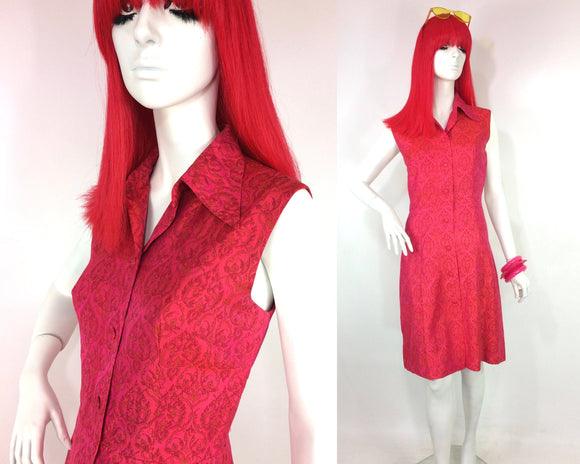 Vintage 1960s deep pink raw silk dress / Paisley / Psychedelic / Mod / Dollybird