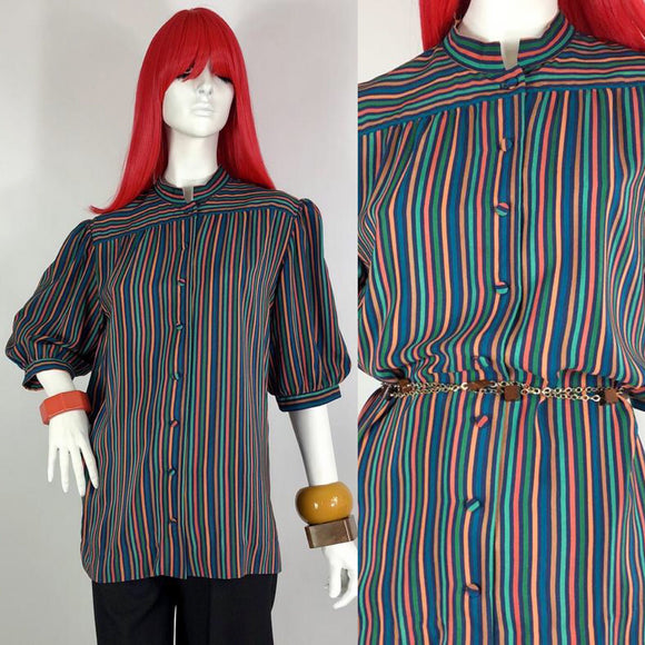 1970s 80s vintage silk stripe blouse tunic /  preppy / posh / Homes & Gardens