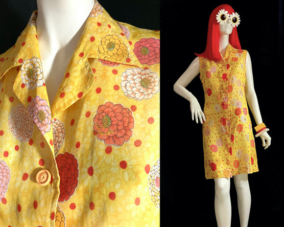 1960s vintage yellow flower Mod summer dress / shirt dress / Button through