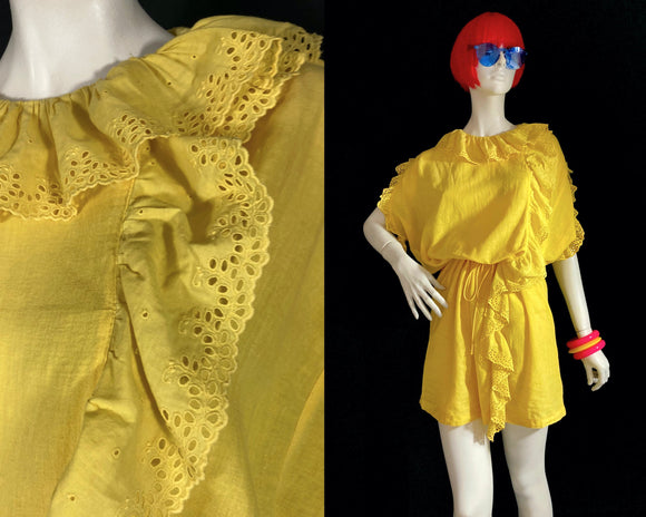 FIORUCCI 1980s vintage yellow cotton dress / broderie anglaise frill / Made in Italy
