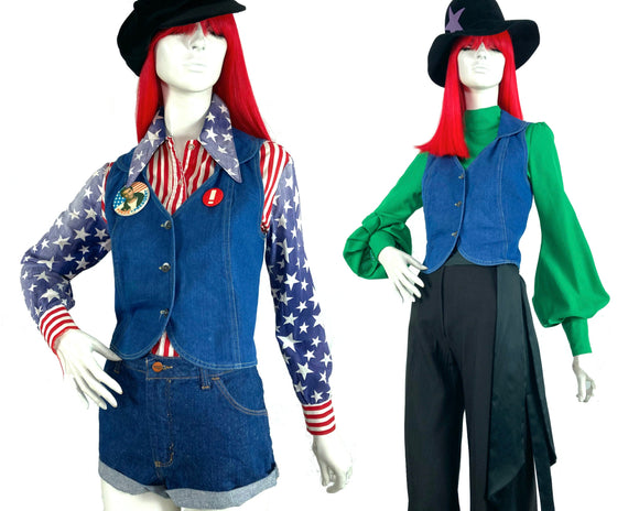 1970s vintage blue jean denim waistcoat / indie punk country Lynyrd Skynyrd Rolling Stones UK 8 & 10