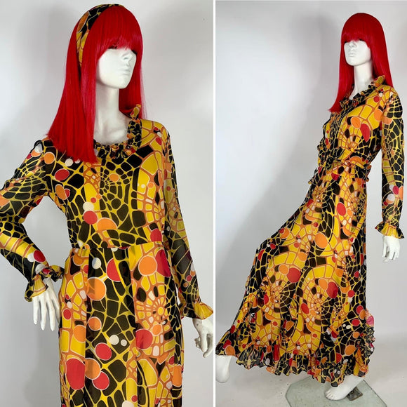 1960s Binnie London georgette psychedelic print gown / Op art  / Ruffles