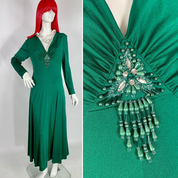 Vintage 1970s emerald green sweeping beaded gown / Deco / Hollywood Glam