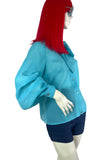 1960s vintage turquoise pussy bow vintage balloon sleeve blouse / shirt 70s