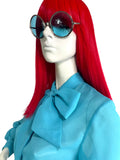 1960s vintage turquoise pussy bow vintage balloon sleeve blouse / shirt 70s