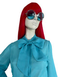 1960s vintage turquoise pussy bow vintage balloon sleeve blouse / shirt 70s