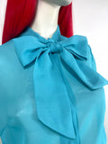 1960s vintage turquoise pussy bow vintage balloon sleeve blouse / shirt 70s
