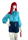 1960s vintage turquoise pussy bow vintage balloon sleeve blouse / shirt 70s