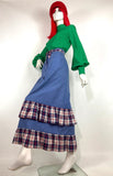 1970s vintage denim maxi skirt with. tartan trim / 60s Festival / ruffle hem / autumn