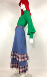 1970s vintage denim maxi skirt with. tartan trim / 60s Festival / ruffle hem / autumn