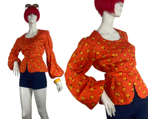 1970s vintage orange balloon sleeve tunic smock blouse / Jeff Banks / Clobber / Psych