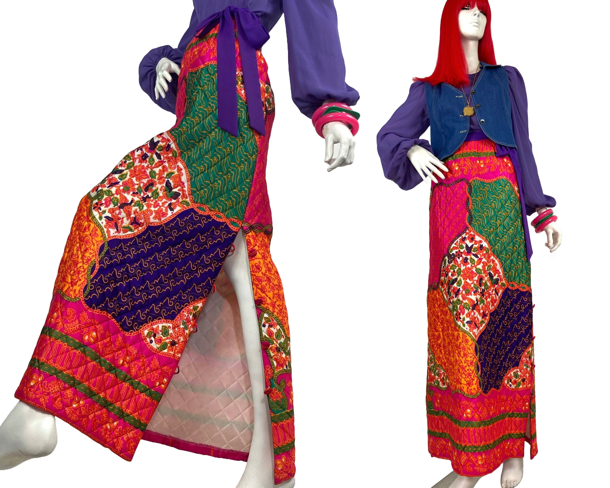 1960s vintage psychedelic quilted maxi skirt 70s winter skirt