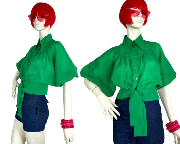 1970s vintage poison green balloon sleeve crop blouse / 60s / Disco / hippie