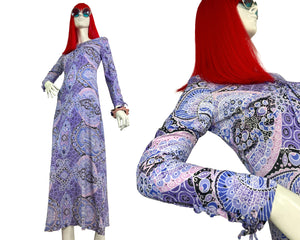 1960s vintage purple psychedelic maxi dress / Dollybird / groovy / 70s / Hippie