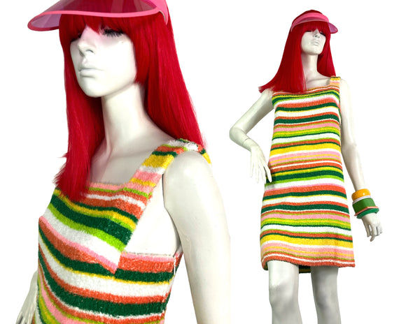 1960s vintage multi stripe terry towelling Mod mini dress  / Holiday / Beach