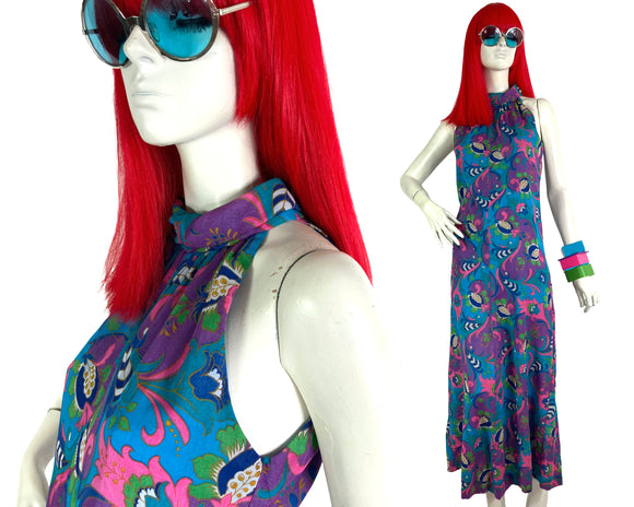 1970s vintage purple & green swirly psychedelic maxi dress / 60s Hippie / Festival