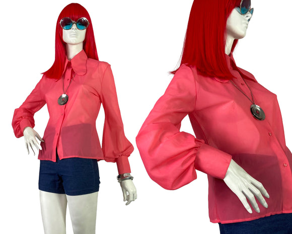 1960s / 70s bubblegum pink vintage balloon sleeve blouse / shirt / spoon collar