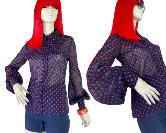 1960s / 70s vintage polka dot balloon sleeve blouse / shirt / spoon collar / Mod