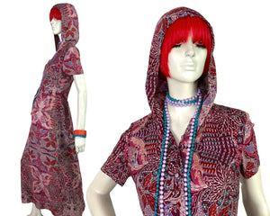 1970s vintage psychedelic maxi dress with hood / Hippie / holiday / Jane Birkin