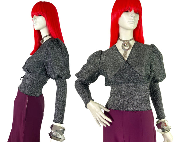 1970s vintage silver lurex deco mutton sleeve top / glam rock / Sweet / Slade / Biba