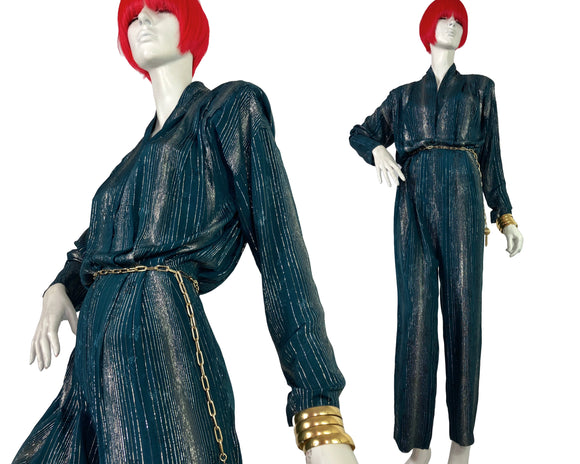 1970s vintage Glam Rock damask & lurex metallic jumpsuit / pant suit / Disco