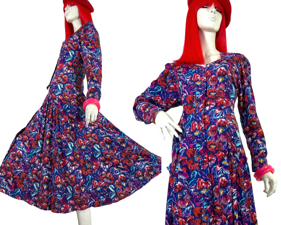 LIBERTY 1980s vintage abstract tulips & roses shirt dress / tea dress / 40s / pockets