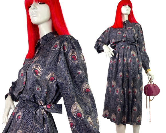 LIBERTY vintage 80s peacock print wool shirt dress / 40s style / pockets / belt / Goodwood