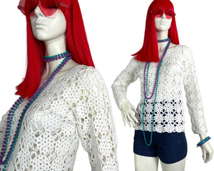 1970s vintage white cotton crochet top / shirt / 60s Hippie / summer / Mod