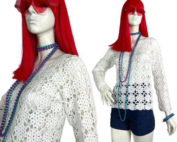 1970s vintage white cotton crochet top / shirt / 60s Hippie / summer / Mod