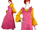 1970s vintage novelty print pinafore maxi dress / 60s Mod / ruffles / 60s / hippie
