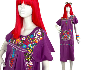 1970s vintage hippie Mexicana cotton smock midi dress  / embroidered / boho chic