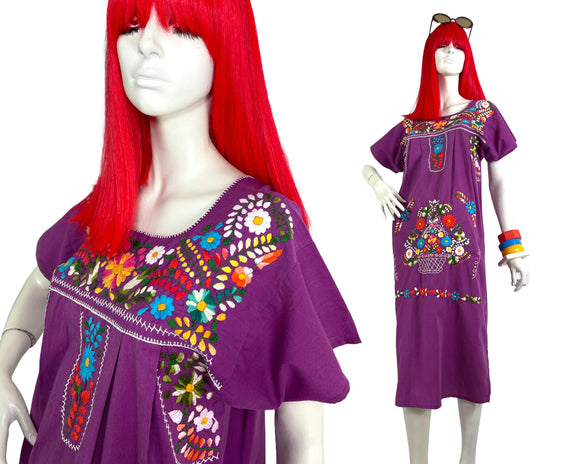 1970s vintage hippie Mexicana cotton smock midi dress  / embroidered / boho chic