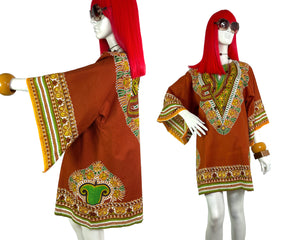 1970s vintage cotton kaftan / smock dress / 60s / Festival / Hippie / aztec / wizard sleeves