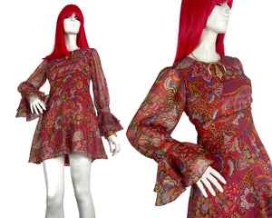 1960s vintage gold & red psychedelic lurex metallic mini dress / DISCO / ruffles / Mod